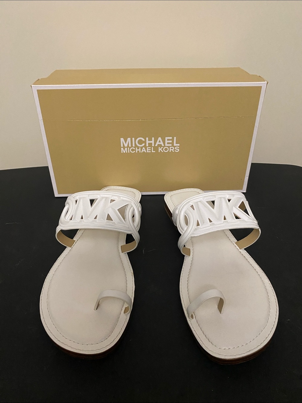 MICHAEL Michael Kors White Leather MK Logo Toe-Ring Slide Sandals